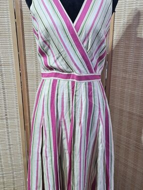 Adrianna Papell Pink, Green and White Striped Midi Sleeveless Linen Blend Size 6